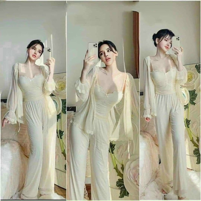 Sét 3 món váy ngủ voan kèm choàng cao cấp Đầm mặc nhà sexy quyến rũ thanh lịch