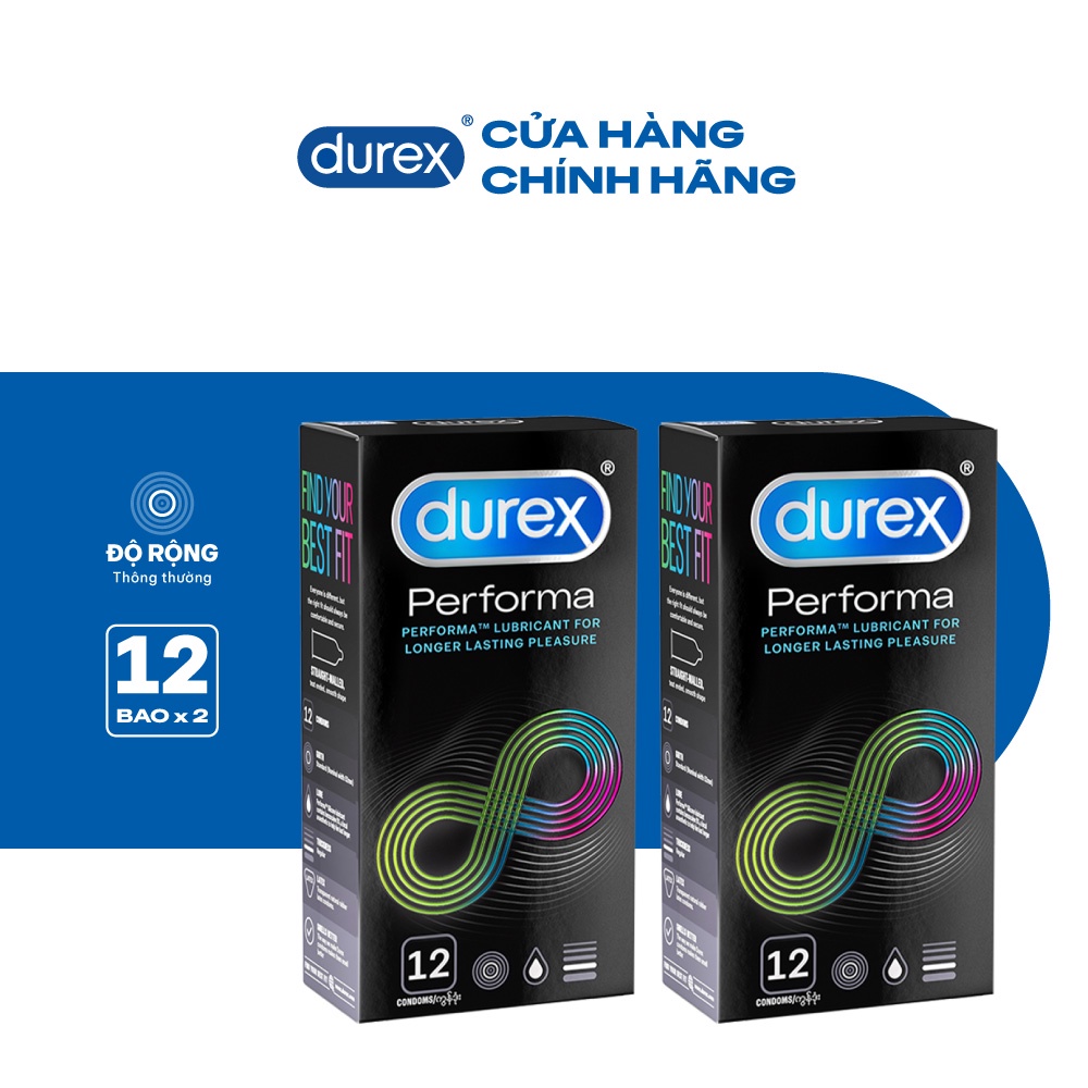 Bộ 2 hộp bao cao su Durex Performa kéo dài thời gian, size 52mm, hộp 12 bao