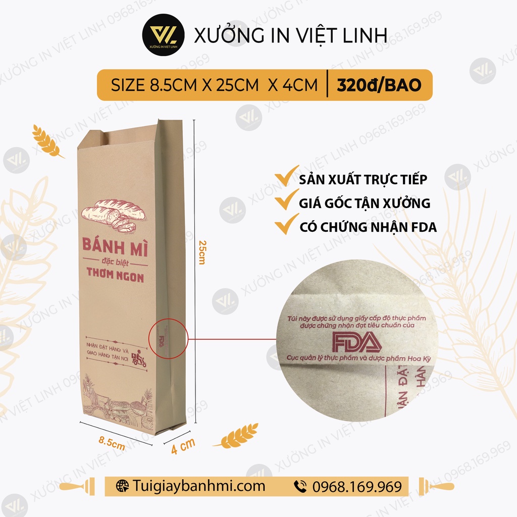 Combo 100 túi giấy bánh mì in loại giấy kraft siêu dày kích thước 8.5 cm x25 cm x 4.5 cm tiêu chuẩn về an toàn thực phẩm