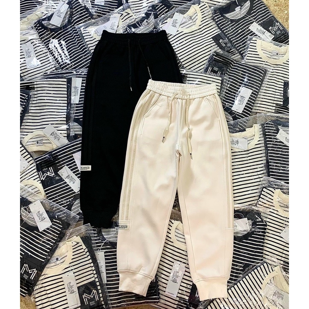 Quần Jogger Nữ TIDINA quần nỉ nữ ống rộng cạp chun có dây rút bo gấu trơn 2 sọc thể thao cá tính
