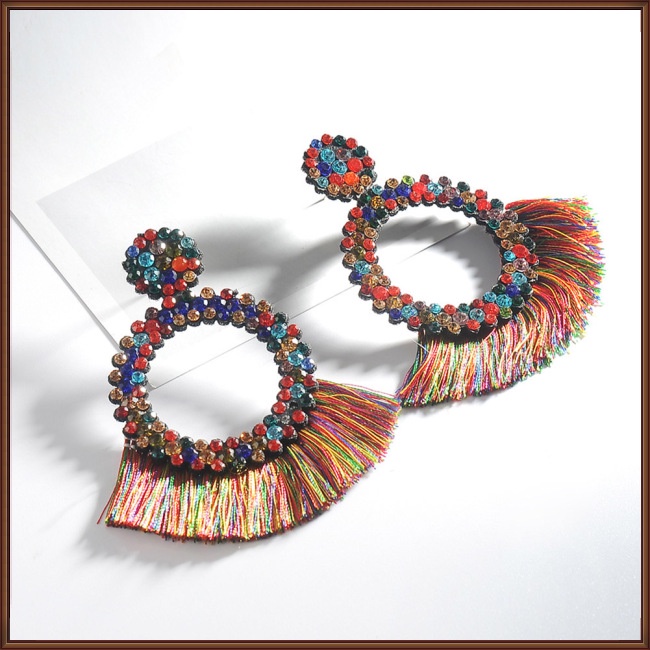 Đôi Khuyên Tai Tua Rua Đính Đá Nhiều Màu Sắc Phong Cách Boho Sang Trọng Dành Cho Nữ