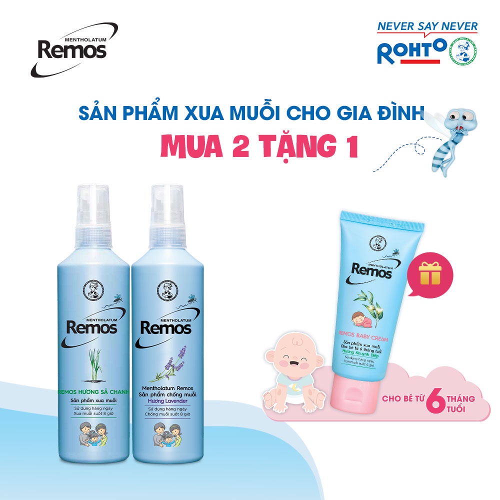 Bộ sản phẩm chống muỗi Remos (Dung dịch Hương Lavender 150ml + Dung dịch Sả chanh 150ml) + Tặng 1 Kem chống muỗi Remos