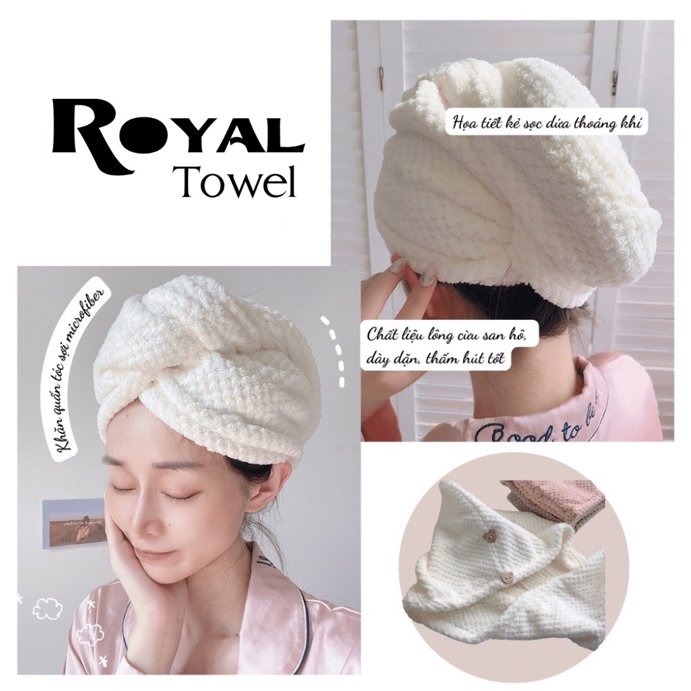 Khăn quấn tóc ủ tóc nhanh khô 2 lớp Royal Towel, khăn gội đầu trùm đầu đa năng chất Microfiber mềm mại siêu thấm hút