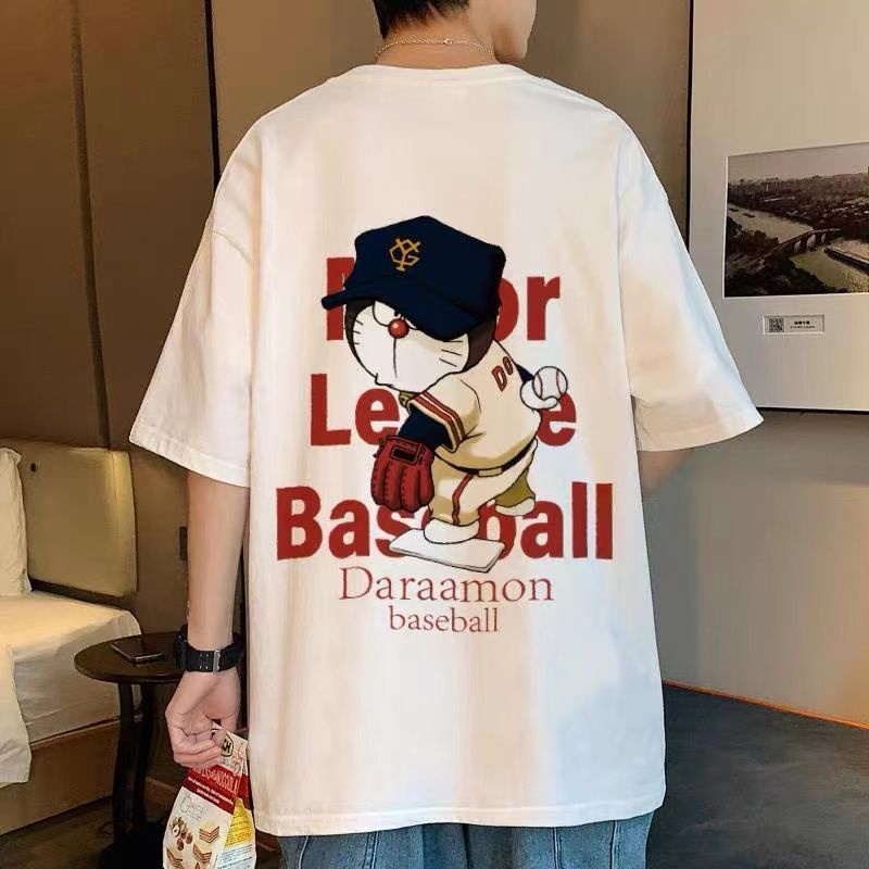 Áo Thun Cotton Tay Ngắn Dáng Rộng In Hình Doraemon Phong Cách Hong Kong Cho Cặp Đôi Nửa Bông