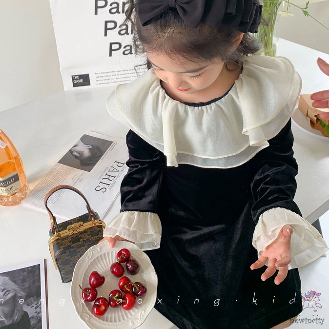 Đầm Nhung Cổ Bèo Phong Cách Chic Hàn Quốc Xinh Xắn Cho Bé Gái