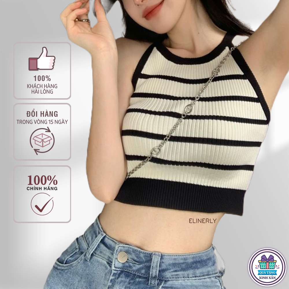 Áo hai dây croptop cổ yếm ELINERLY ôm body mềm mại, co giản, thoáng mát sọc ngang trắng đen dệt kim basic