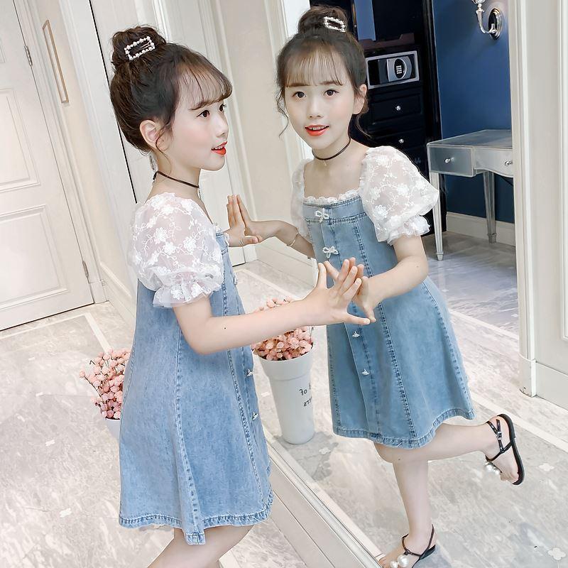 Đầm Denim Phối Ren Dáng Rộng Phong Cách Hàn Quốc Cho Bé Gái 2-6 - 8-10 - 14 Tuổi