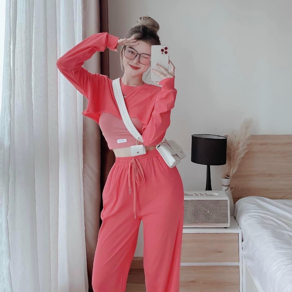 [10.10 Sales Freeship] Set bộ thể thao nữ quần dài 3 món, set áo tay dài croptop quần suông nhiều màu trẻ trung