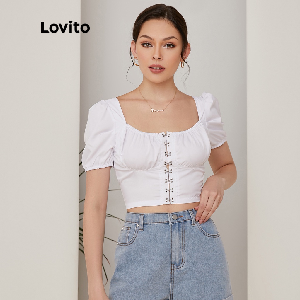 Áo croptop Lovito tay phồng màu trơn L02114 (Màu đen)