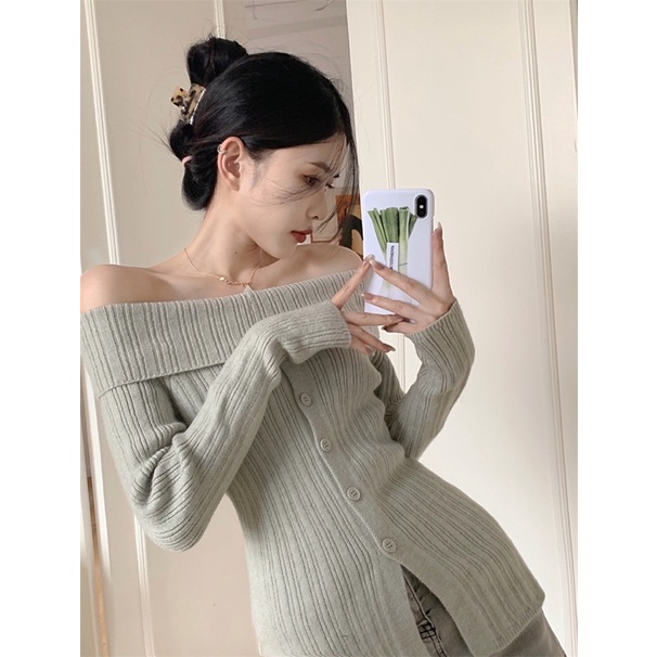 Áo len tay dài dệt kim trễ vai xẻ tà nhiều màu cúc cài mùa thu tiểu thư nữ tính ấm áp học sinh korean dễ thương cá tính