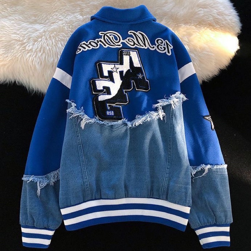 Áo khoác Varisity,Áo khoác bóng chày dạ phối jeans hoạ tiết thêu phong cách retro thời trang nam nữ