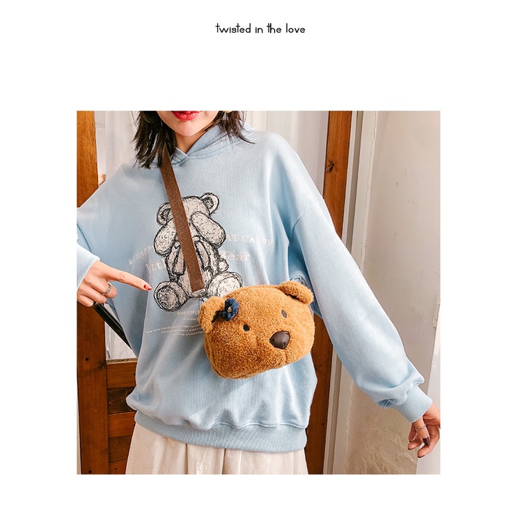 Túi đeo chéo hình GẤU NÂU đính hoa đáng yêu, túi đeo vai thú bông dễ thương