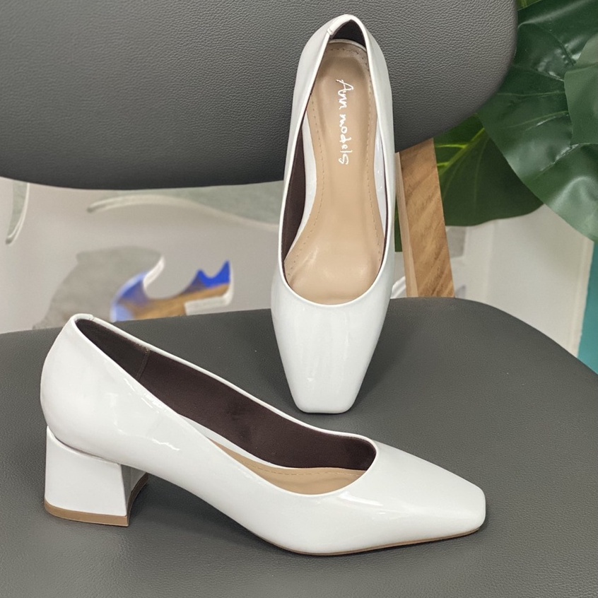 Giày cao gót bít mũi 5 phân mũi vuông Annmodels gót sắt cao cấp chất liệu xi bóng phong cách thời trang_MS A5002GSXB