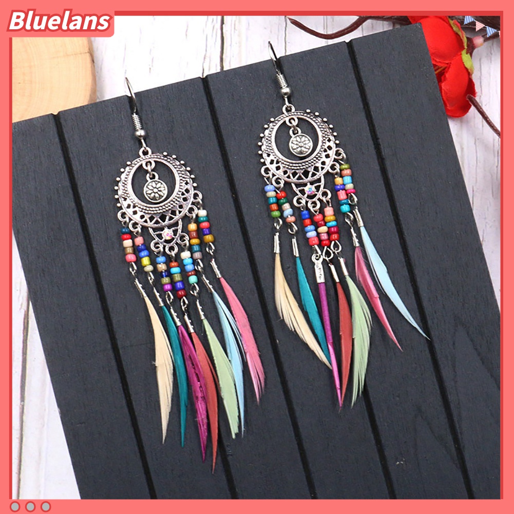 Bông Tai Dạng Móc Hình Tròn Khắc Họa Tiết Lông Vũ Tua Rua Phong Cách Boho Cho Nữ 48h