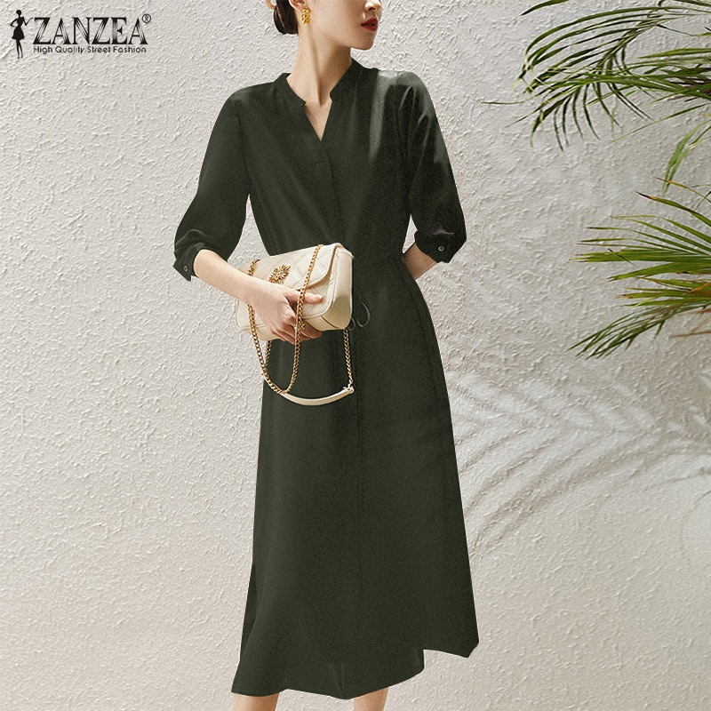 Đầm dài ZANZEA cổ chữ V xẻ tà quyến rũ tùy chọn màu sắc dành cho nữ