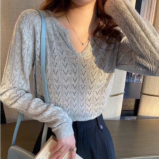 Áo dệt kim ZHELIHANGFEI tay dài cổ chữ V khoét sâu phong cách gợi cảm thời trang cho nữ