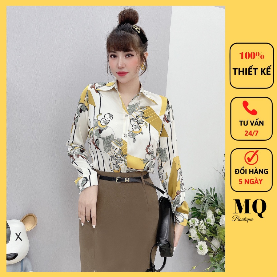 Áo sơ mi nữ lụa dài tay cao cấp công sở họa tiết hoa đá vệt vàng nền trắng sữa, áo sơ mi họa tiết thiết kế MQ Boutique