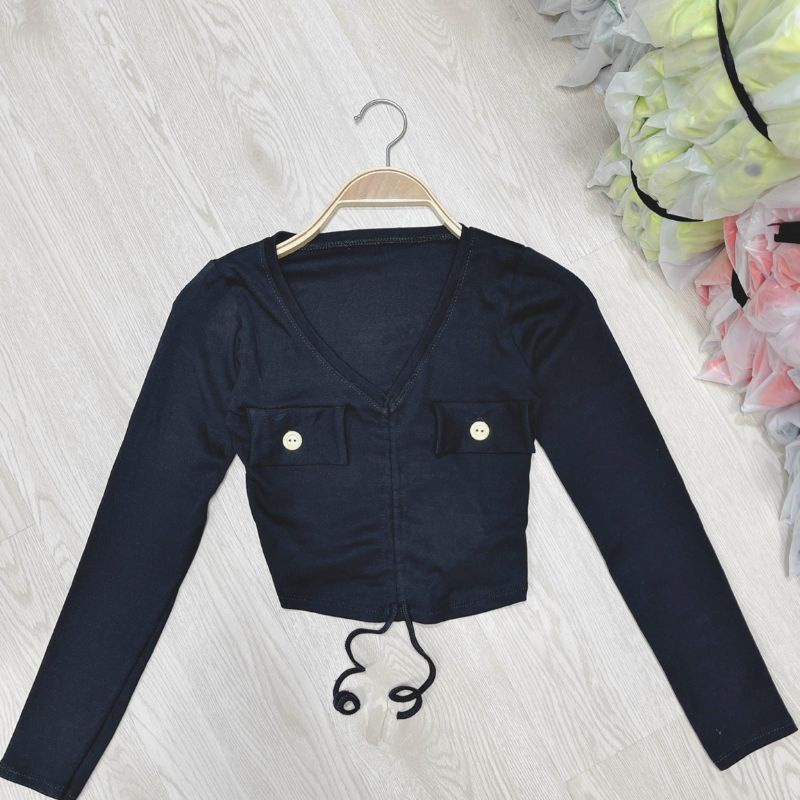 Áo tay dài croptop rút ngực phối 2 nút borip cao cấp