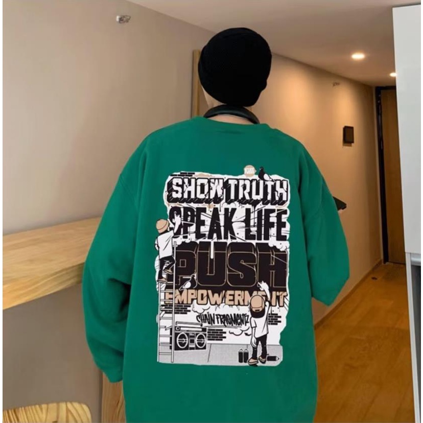 Áo Sweater Dáng Rộng Cổ Tròn Tay Dài In Chữ Màu Xanh Lá Thời Trang Mùa Thu Cho Học Sinh Nam Và Nữ