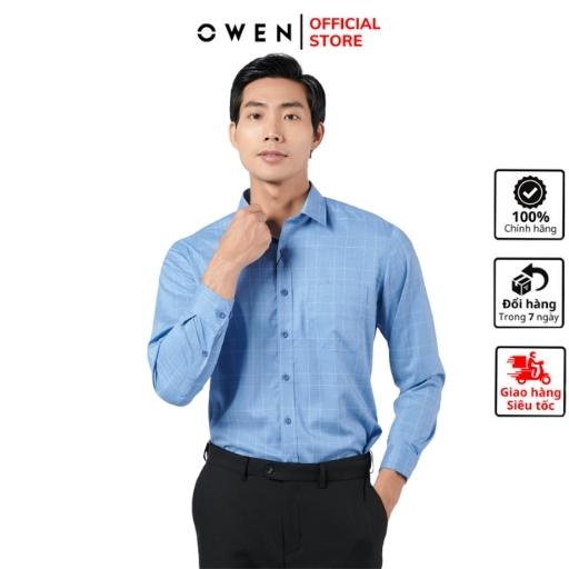 Áo sơ mi dài tay nam OWEN AR220835DT somi công sở Vải Sợi Tre cao cấp Kẻ caro xanh trắng Dáng Regular Fit Tà Lượn Có Túi