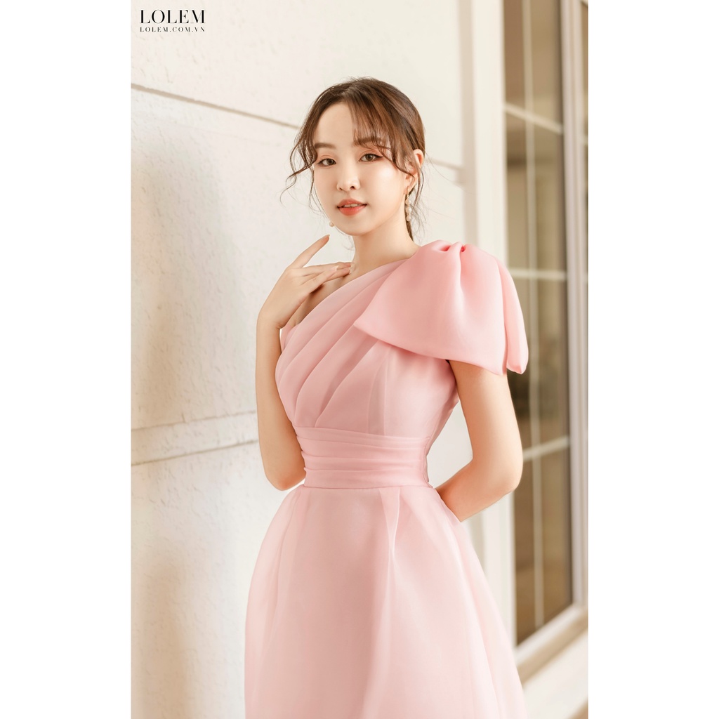 Đầm lệch vai LOLEM DX359 phối nơ vai vải tơ organza không nhăn giữ form tốt