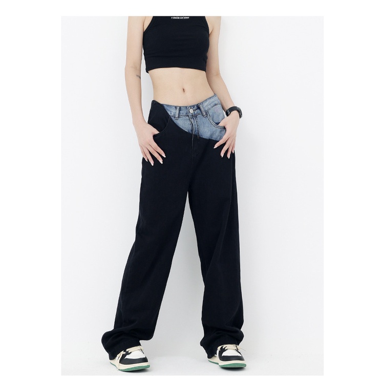 Quần jean lưng cao ống rộng phối màu sắc tương phản phong cách Hàn Quốc cá tính dành cho nữ