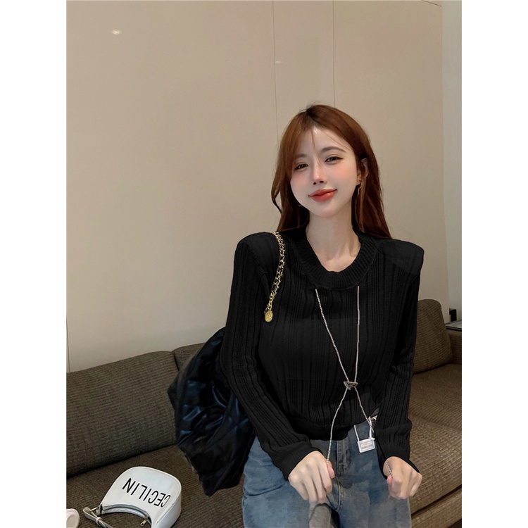 QKOOLE  Áo croptop Dệt Kim Tay Dài Hoạ Tiết Kẻ Sọc Phong Cách Hàn Quốc