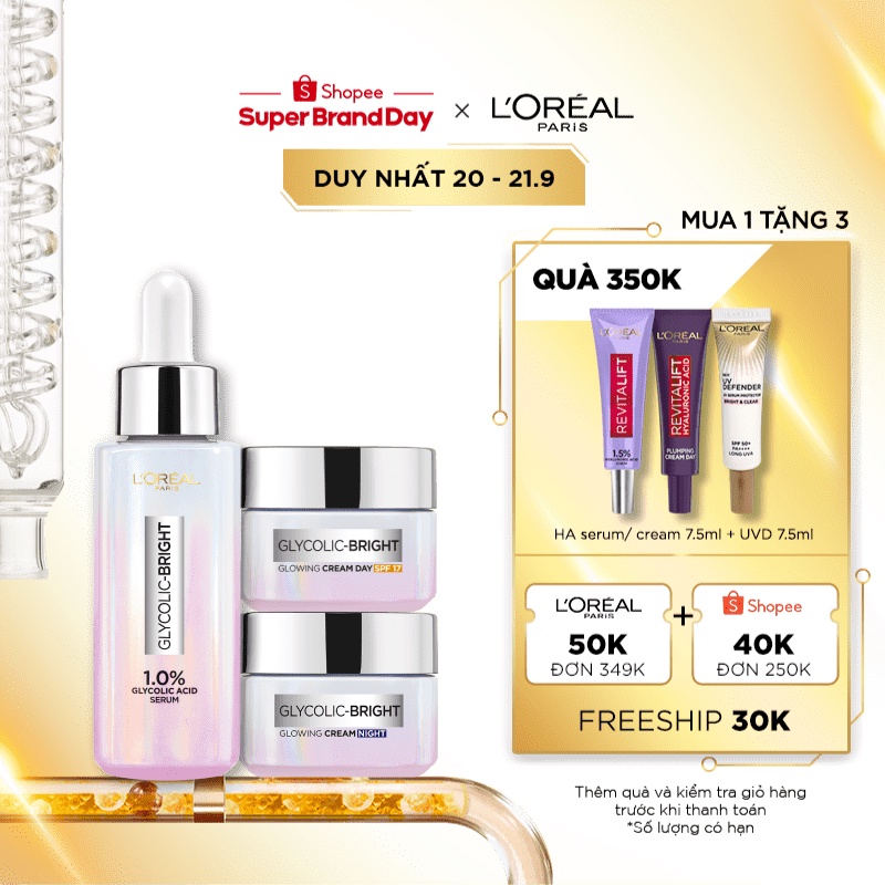 Bộ Serum & Kem ngày & Kem đêm sáng da tức thì Glycolic Bright L'Oreal Paris