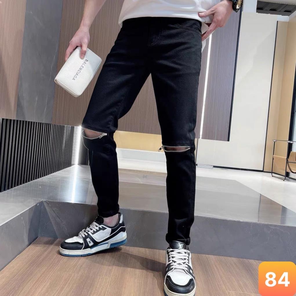 Quần jean nam màu đen trơn rách gối kéo khóa chất liệu bò jeans cao cấp co dãn 4 chiều đẹp form rin skinny LAVADO85 !