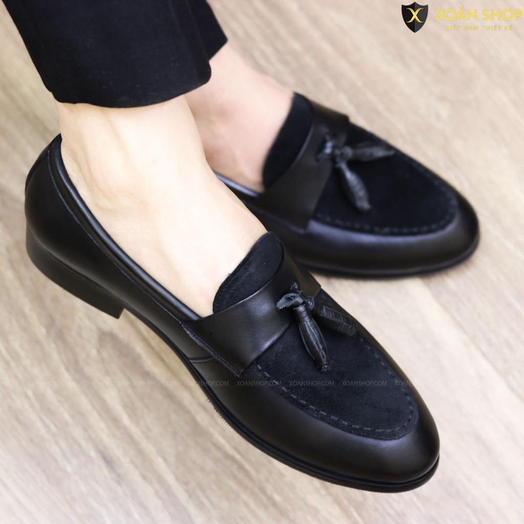 Giày Lười Nam Da Lì Kết Hợp Da Lộn Và Chuông, Đế Cao Su Khâu Chắc Chắn - Mã G014