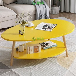 Bàn trà sofa, bàn trà gỗ kết hợp ghế sofa hình trứng 2 tầng màu Vàng phong cách Nordic IGA- GP56.05