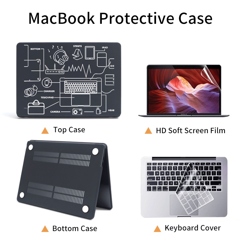 4 in 1 Set Laptop Case for MacBook Pro Air M2 M1 A2681 A2338 A2337 Air11 12 13 Pro13 14 15 16 Matte Black Protective Shell A2251 A2289 A2179 A2159 A1932 A1708 A1706 Cover With Keyboard cover Screen Soft Film
