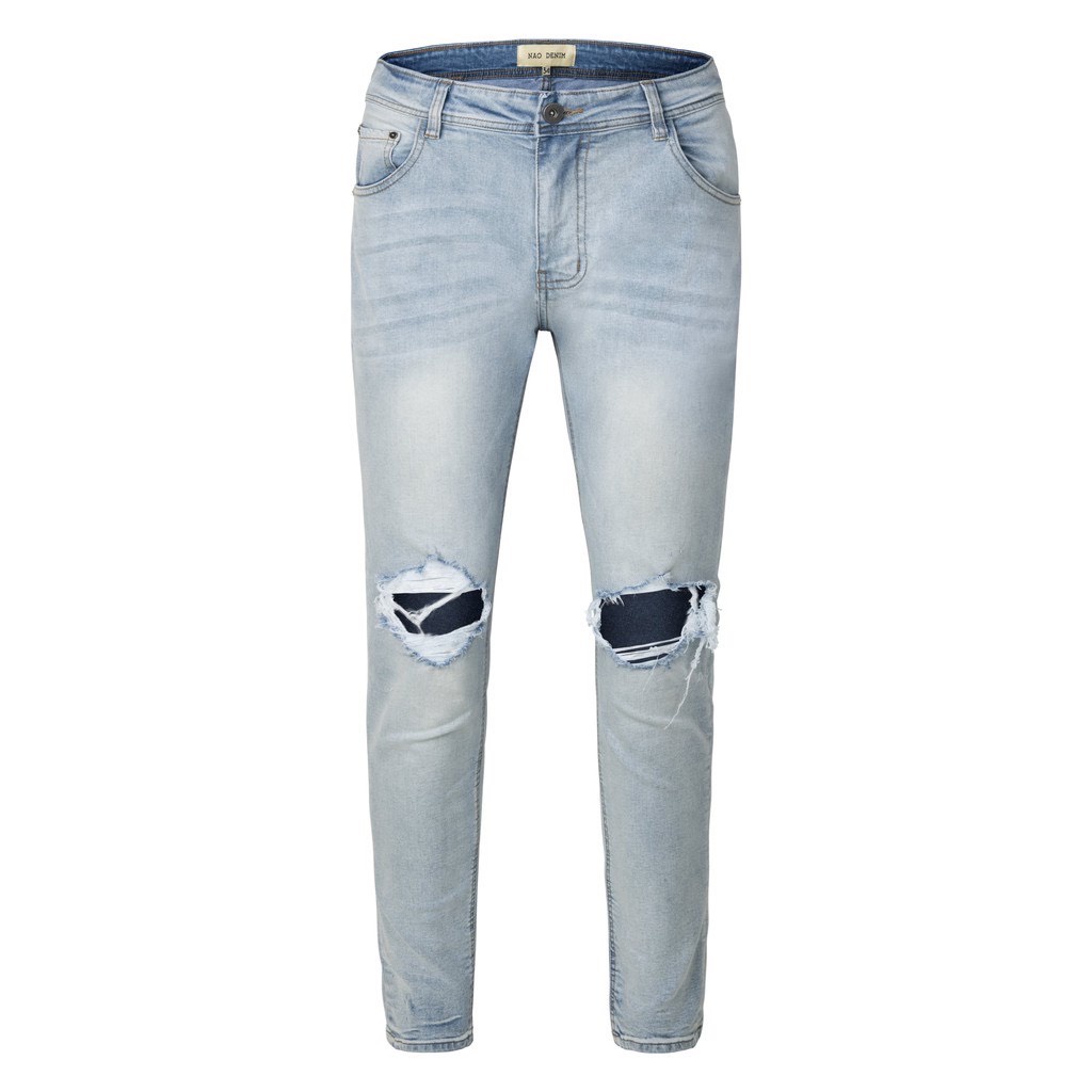 Quần jean nam rách gối màu xanh sáng streetwear, quần bò cao cấp, cá tính, form slim, chất vài mềm mịn, dáng chuẩn