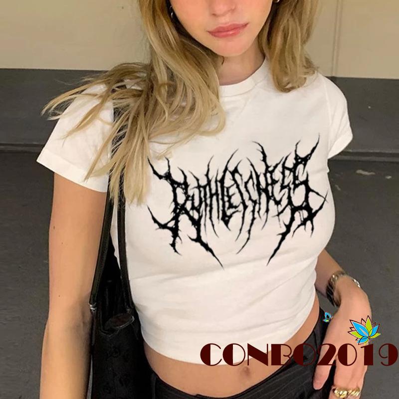 Áo Thun Crop Top Tay Ngắn Cổ Tròn In Họa Tiết Hình Học Thời Trang Mùa Hè Cho Nữ