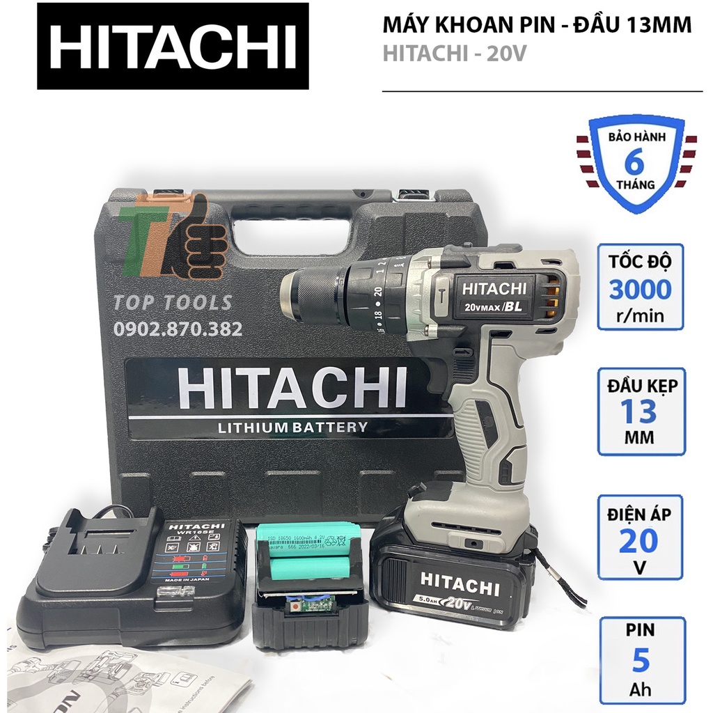 May khoan pin, Máy khoan pin Hitachi không chổi than, Đầu khoan 13mm, Pin 20v 10 cell