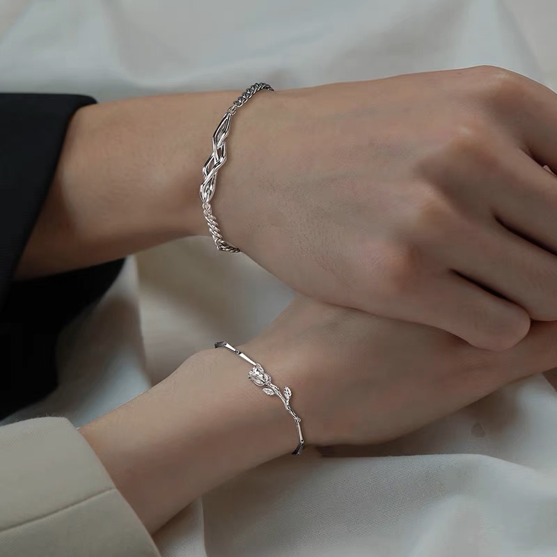 Vòng tay mạ bạc 925 thiết kế đơn giản thời trang cho cặp đôi nam nữ kiểu dáng Hoa Hồng