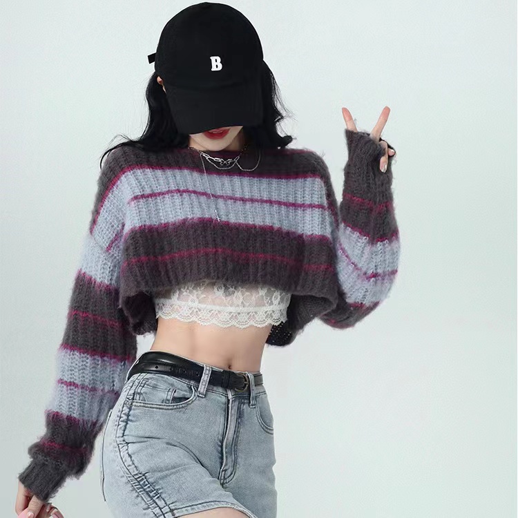QADCOL Áo sweater Dệt Kim Tay Ngắn Dáng Rộng Họa Tiết Kẻ Sọc Thời Trang Hàn Quốc Cho Nữ