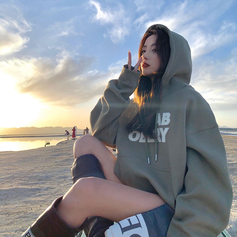 Áo Hoodie Nữ Dáng Rộng Thêu Chữ Phong Cách Hàn Quốc