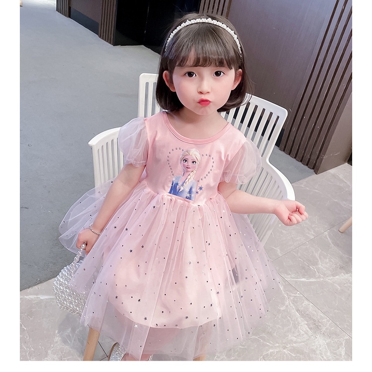 Váy xinh bé gái 1-7 tuổi đầm công chúa thời trang ngắn tay cầu vồng vải tuyn Frozen Elsa mùa hè cho bé trẻ em