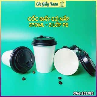 Set 50 cốc giấy xanh 270ml - 9oz có nắp cafe dùng 1 lần, dày dặn, cứng cáp, kín kẽ