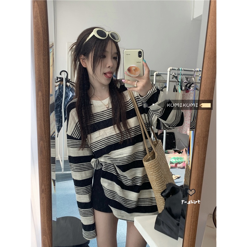 (ORDER) Áo thun dài tay mùa thu kẻ sọc ngang đen trắng nổi bật cá tính form rộng dài trùm mông