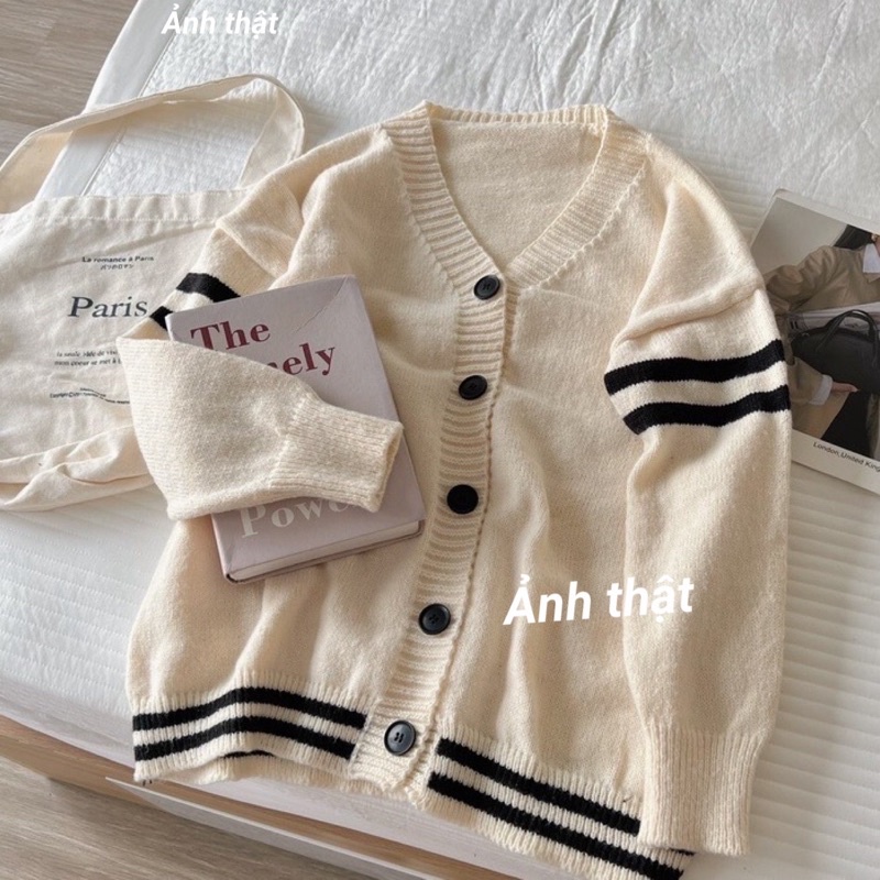 Áo khoác len cardigan nữ sọc viền tay hàng Qc mẫu mới thu đông 2022