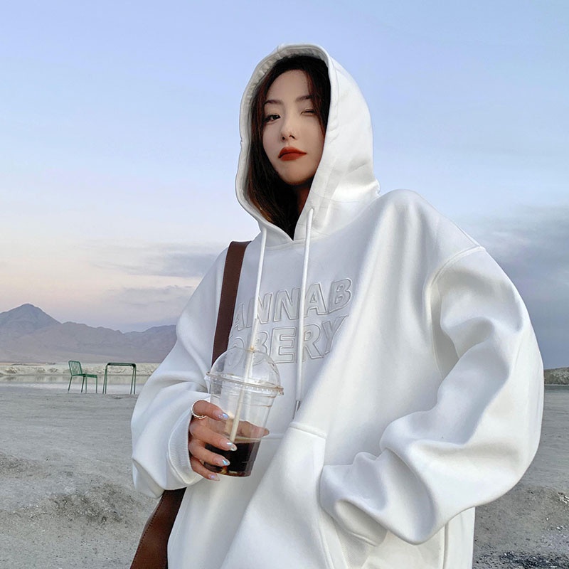 Áo Hoodie Nữ Dáng Rộng Thêu Chữ Phong Cách Hàn Quốc