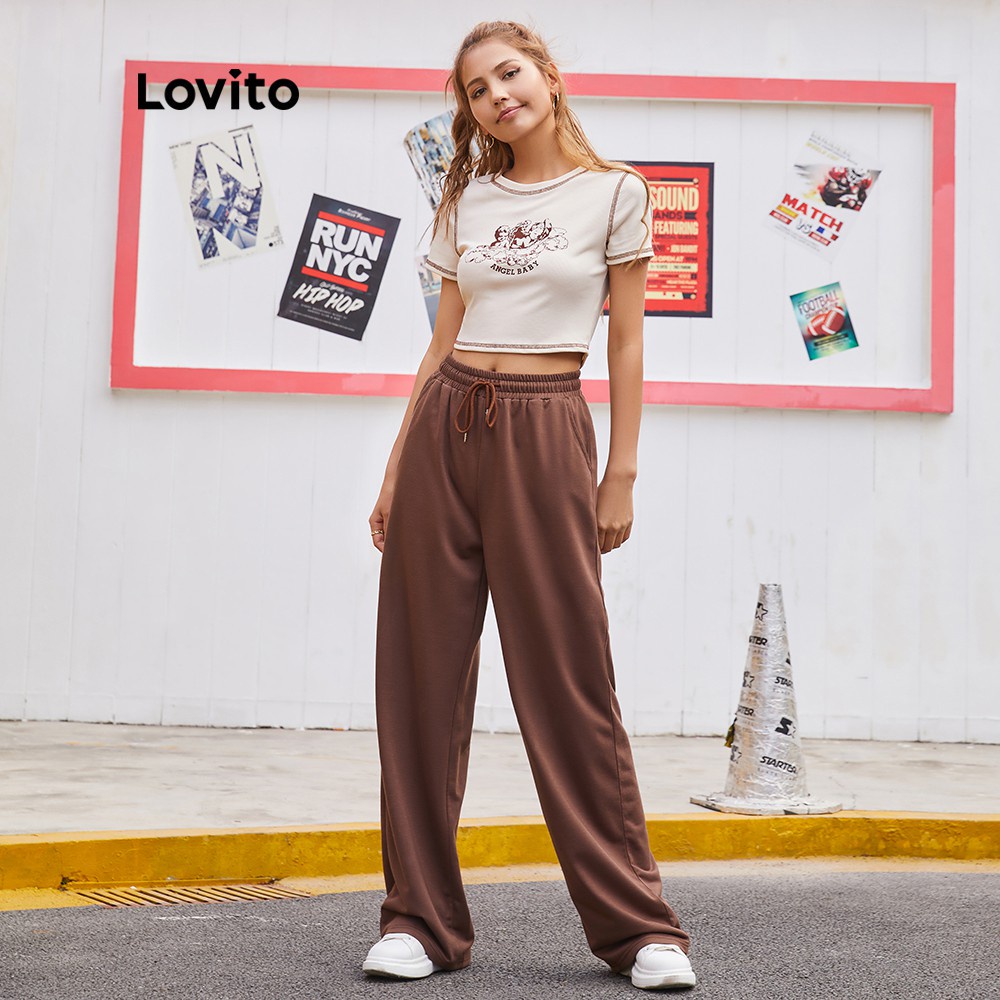 Quần Lovito màu trơn cơ bản cột dây phía trước phong cách thường ngày L14D010 (Màu nâu)
