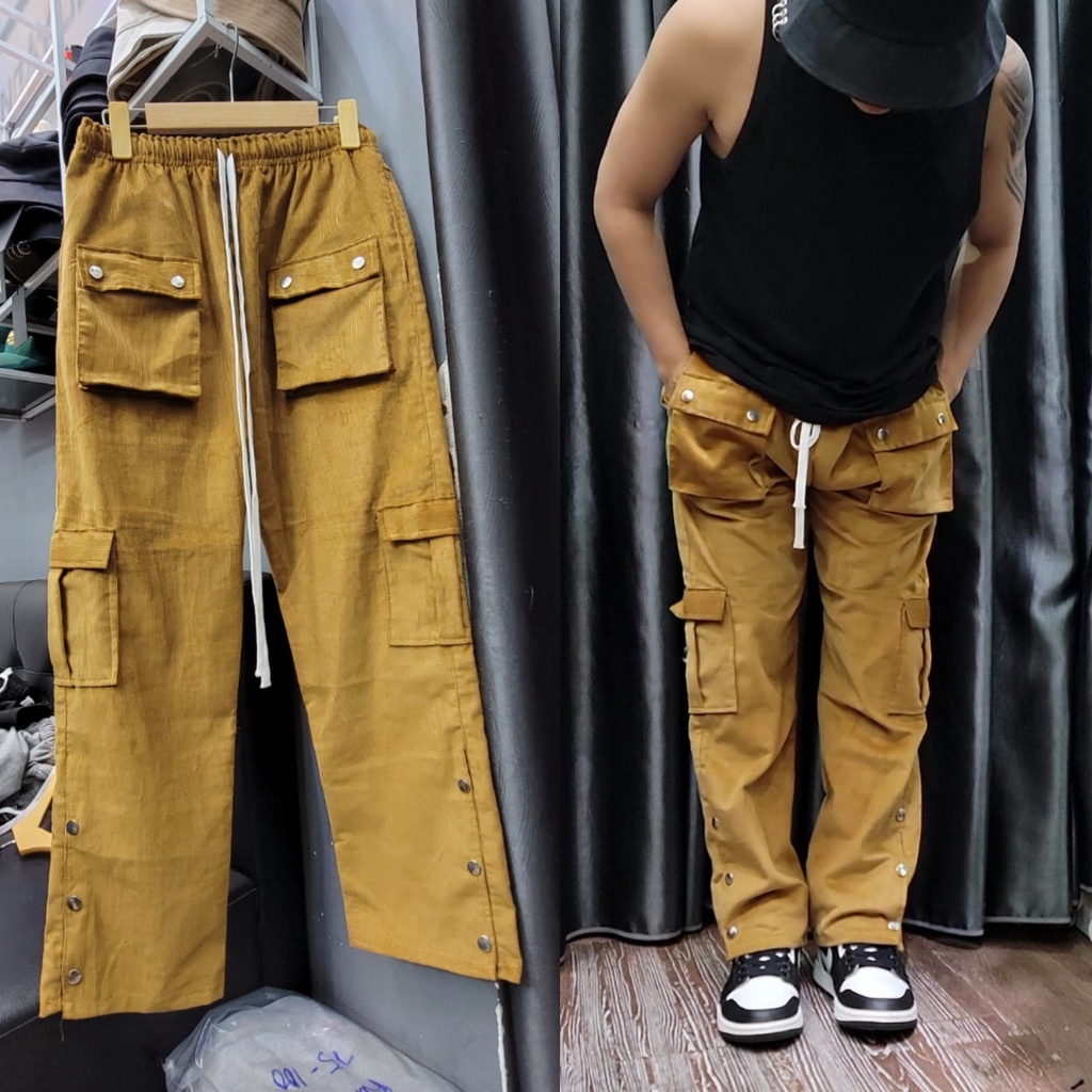 Quần Snap Cargo Pant Màu Vàng Bò ( Cúc Bấm & Túi Hộp )Chất Liệu Nhung Tăm Kiểu Dáng Streetwear