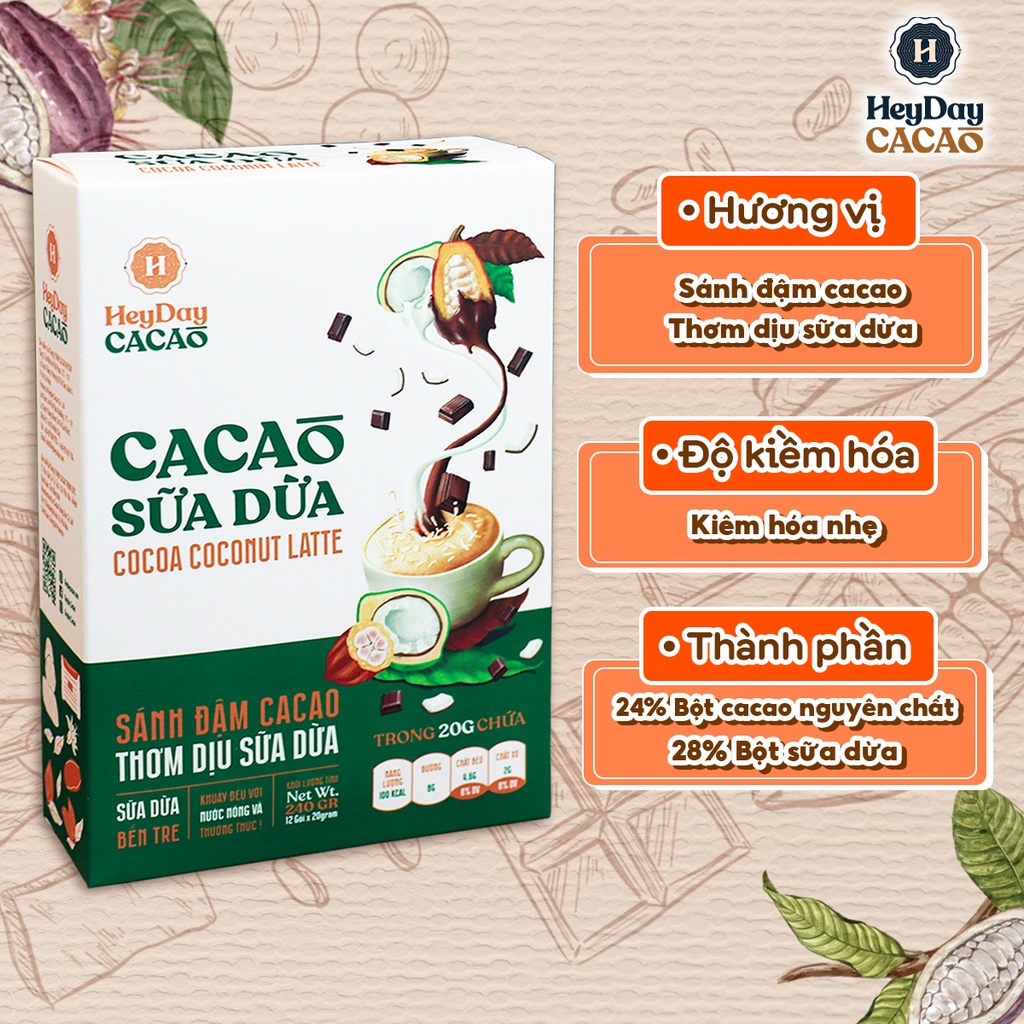 Bột Cacao Sữa Dừa Heyday - Hộp Giấy 12 Gói Tiện Lợi 20g - Bột cacao sữa dừa tự nhiên, thuần chay - Heyday Cacao