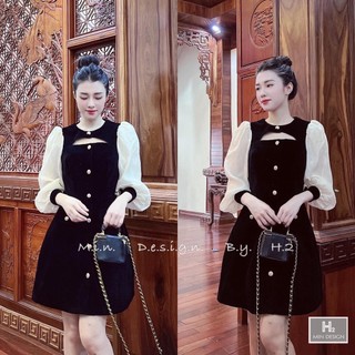 Váy nhung den phối tay voan trang