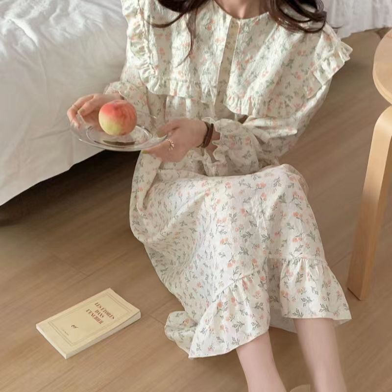 Đầm Ngủ Tay Dài Viền Bèo In Họa Tiết Hoa Hồng Ngọt Ngào Phong Cách Hàn Quốc Thời Trang Xuân Thu Mới Cho Nữ