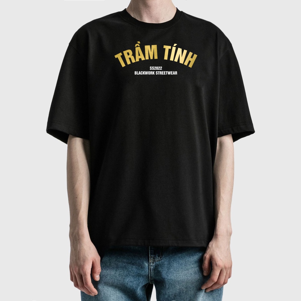 Áo Thun TRẦM TÍNH 100% Cotton Tay Lỡ Unisex - Đen Cổ Tròn | Blackwork