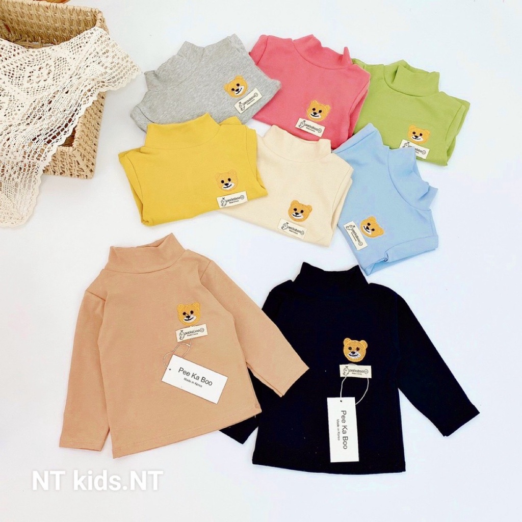 Áo giữ nhiệt cho bé cổ cao 3 phân chất cotton len co giãn 4 chiều mềm mại áo dài tay trẻ em thêu hình gấu dễ thương